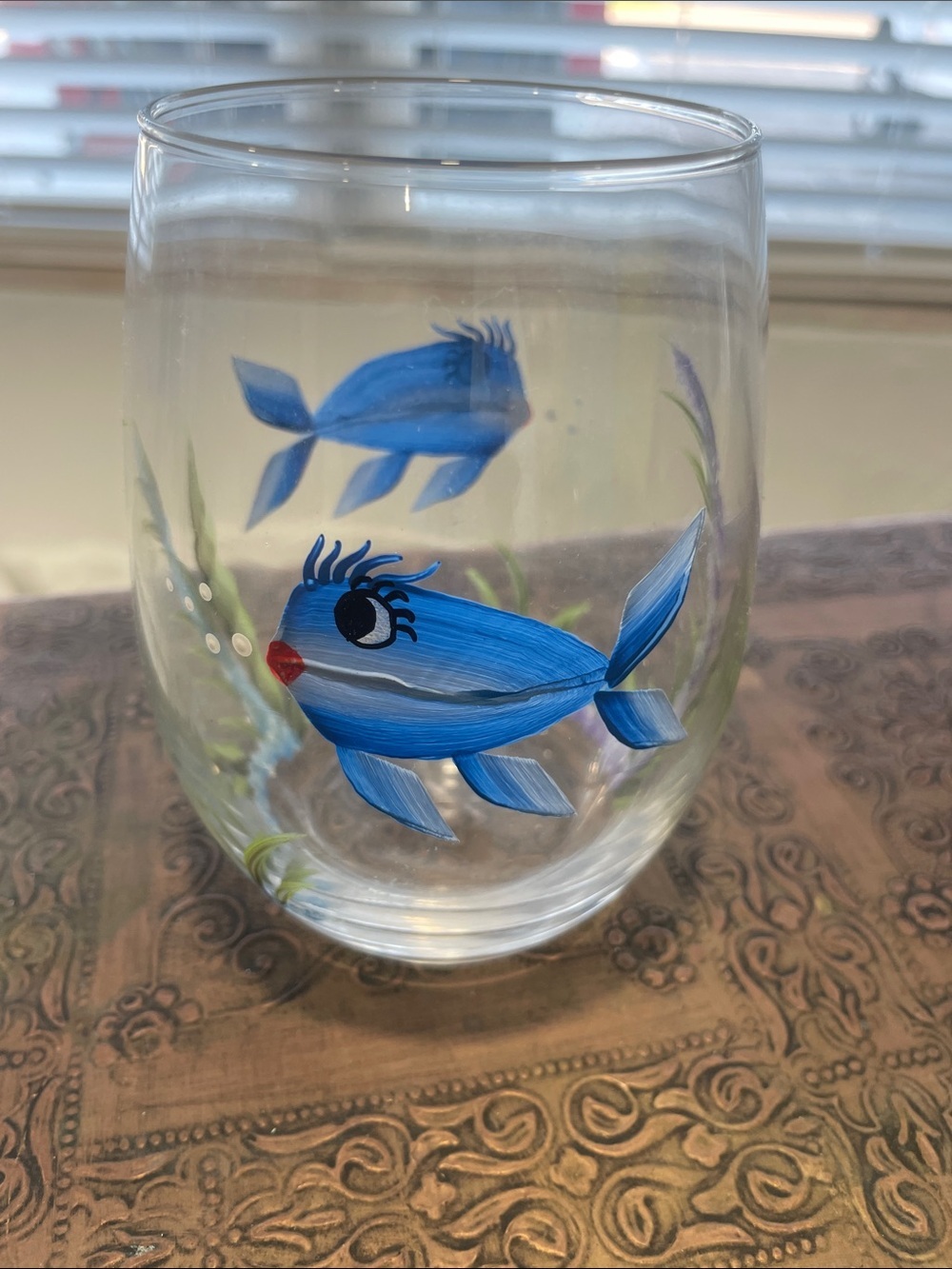 Hand-Painted Blue Fish Stemless Glass - Decorative Aquatic Accent